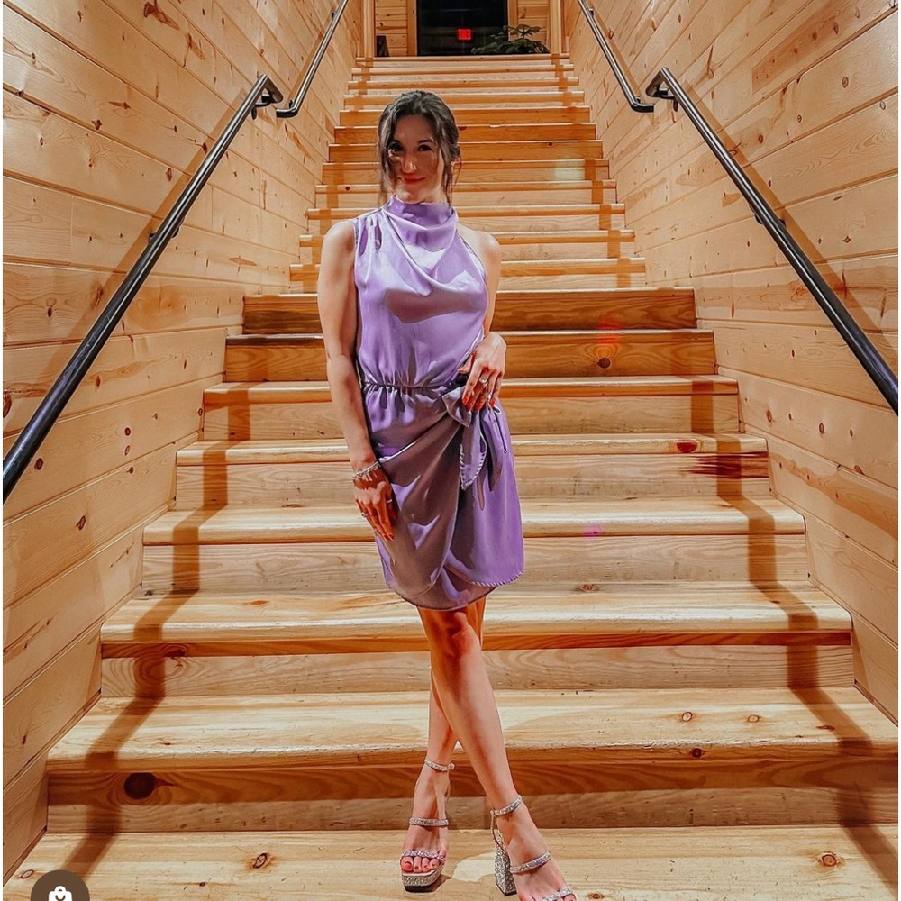 Lilac Satin Mock-Neck Mini Wrap Dress